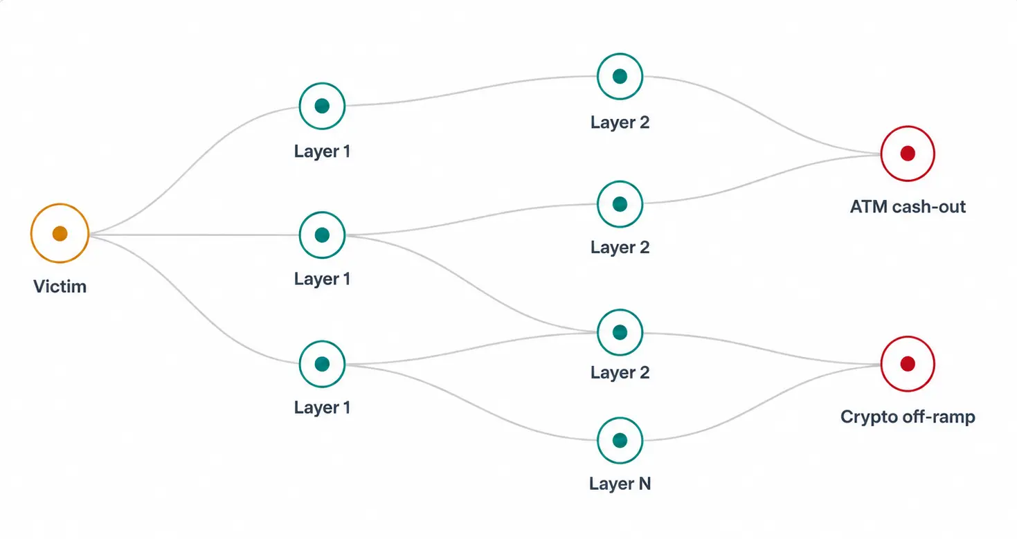 Fraud proceeds network showing victim to cash-out flow